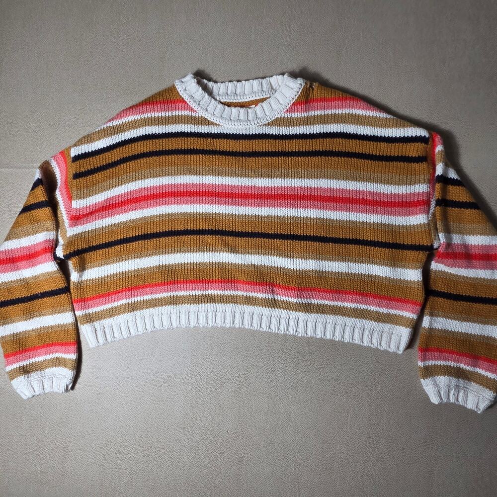 Billabong So Bold Striped Knit Cotton Crewneck Crop Sweater Medium
